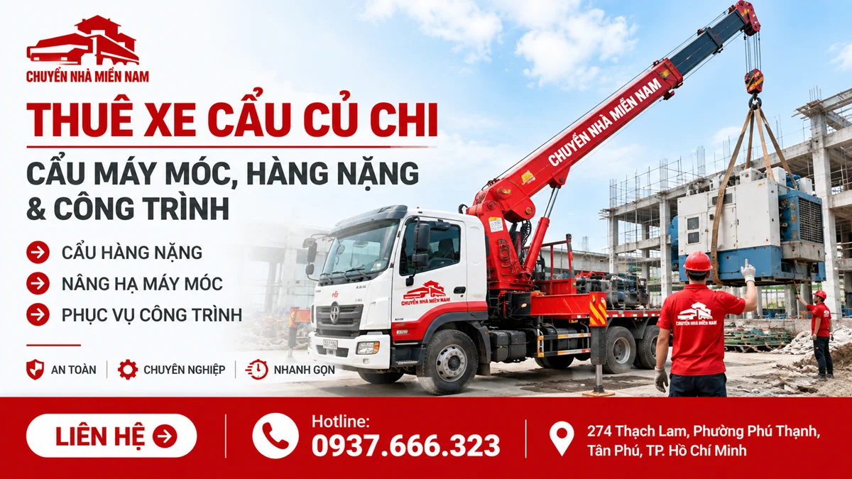 Cho thuê xe cẩu Củ Chi 1 Nhân viên Chuyển Nhà Miền Nam vận hành xe cẩu nâng máy móc và hàng nặng tại công trình Củ Chi.