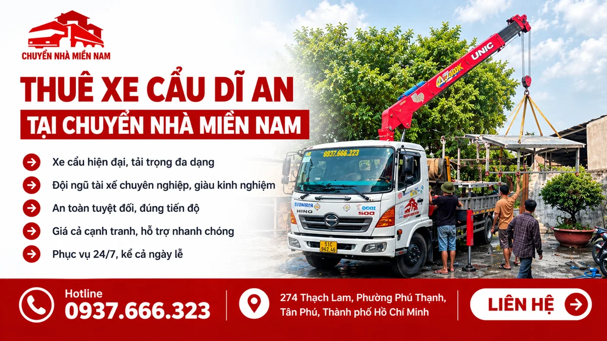 Thuê xe cẩu Dĩ An tại Chuyển Nhà Miền Nam nâng và vận chuyển vật liệu tại công trình
