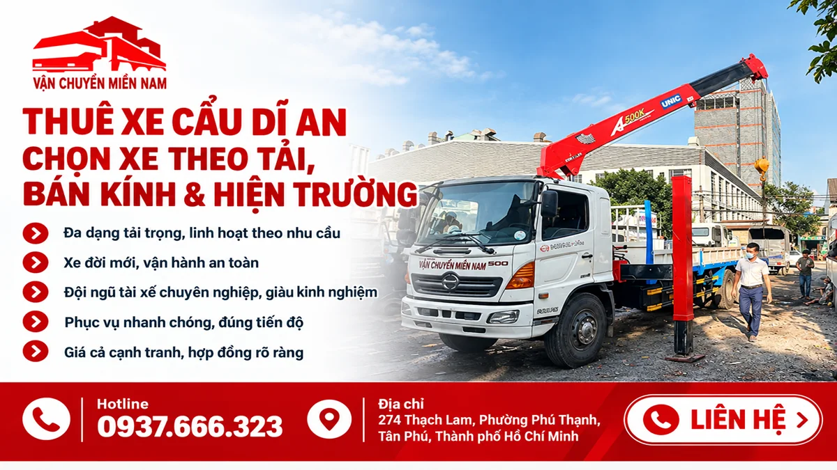 Thuê xe cẩu Dĩ An phục vụ nâng hạ và vận chuyển, xe cẩu chuyên dụng hoạt động tại công trường