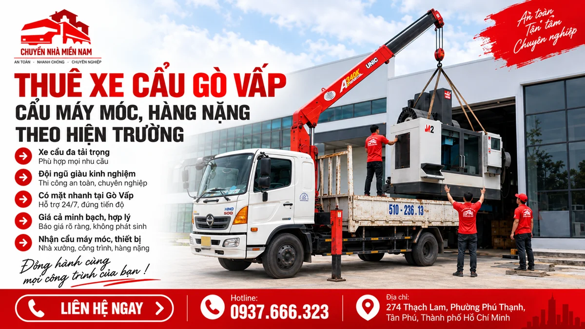 Nhân viên Chuyển Nhà Miền Nam vận hành xe cẩu Gò Vấp để nâng máy móc, hàng nặng tại nhà xưởng ở TP. Hồ Chí Minh.