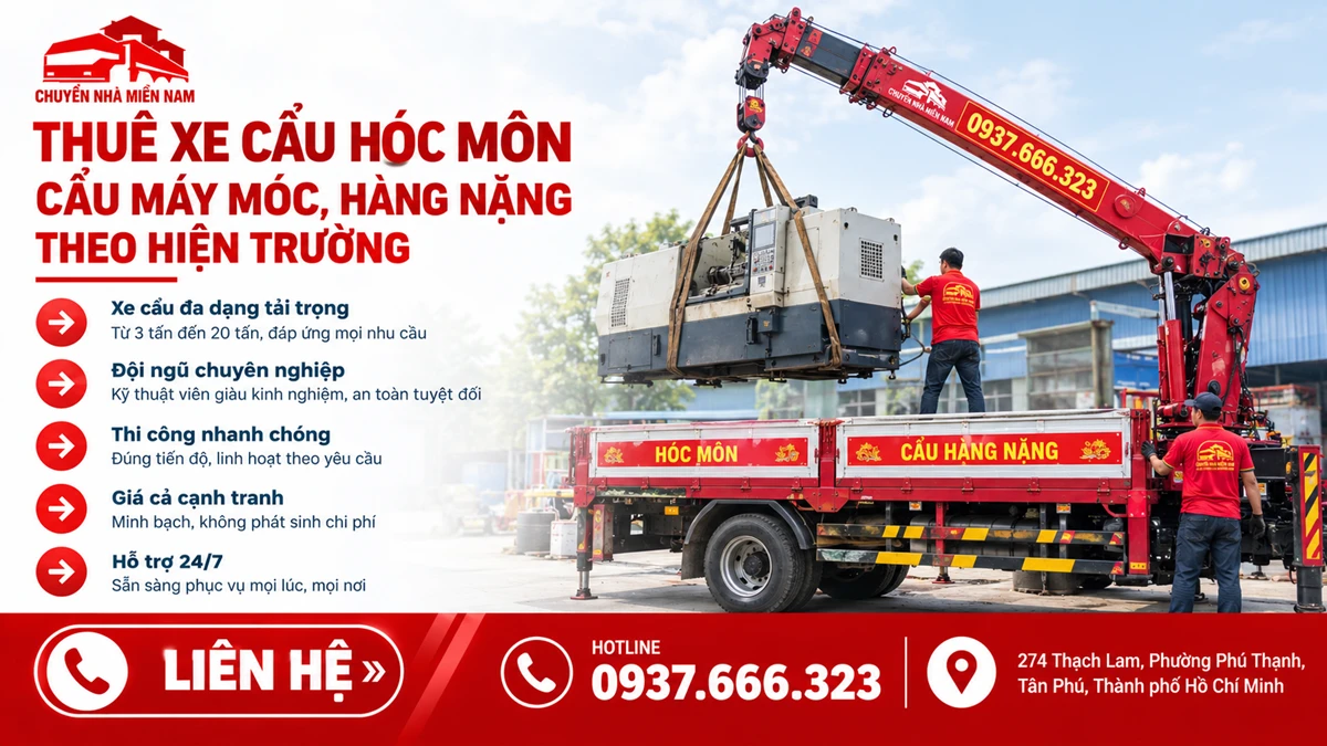 Chuyển Nhà Miền Nam cung cấp dịch vụ thuê xe cẩu Hóc Môn cẩu máy móc, hàng nặng tại hiện trường