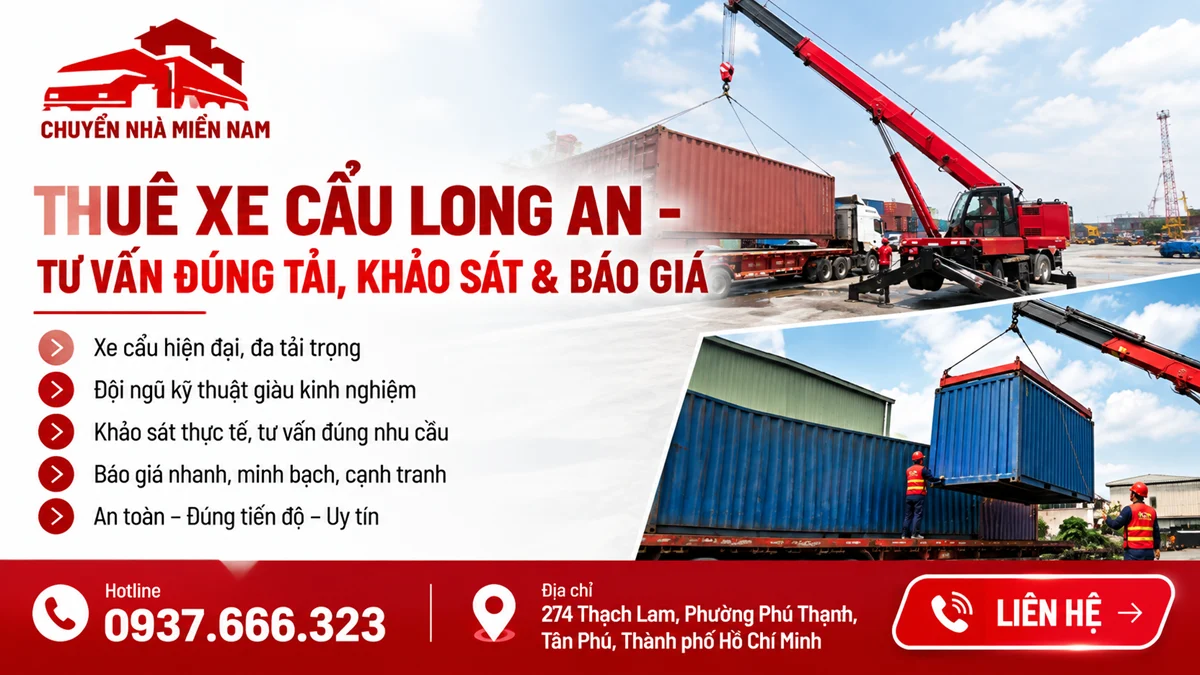 Thuê xe cẩu Long An 1 Xe cẩu nâng container tại Long An, nhân viên vận hành hỗ trợ bốc xếp và vận chuyển hàng hóa.