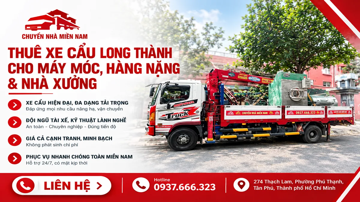 Chuyển Nhà Miền Nam cung cấp dịch vụ thuê xe cẩu Long Thành vận chuyển máy móc, hàng nặng và thiết bị nhà xưởng