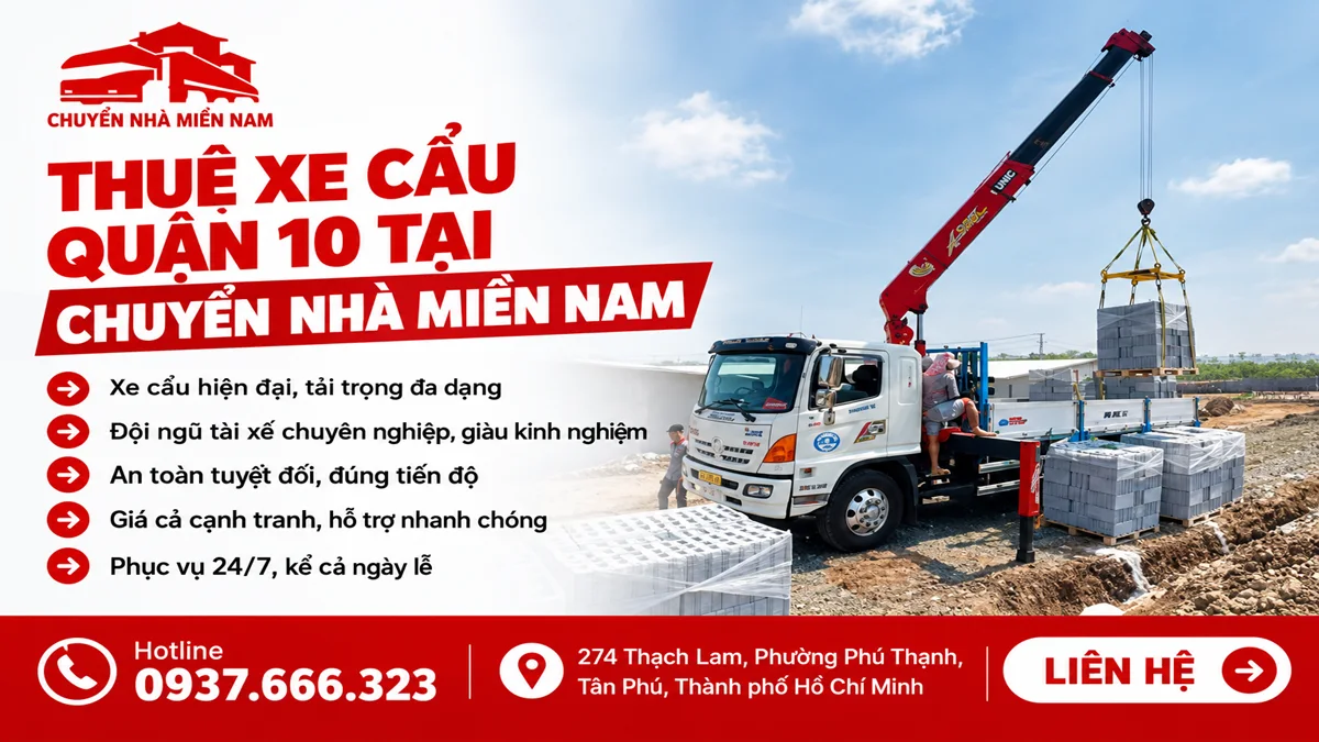 Chuyển Nhà Miền Nam cung cấp dịch vụ thuê xe cẩu Quận 10 nâng và vận chuyển vật liệu xây dựng tại công trường