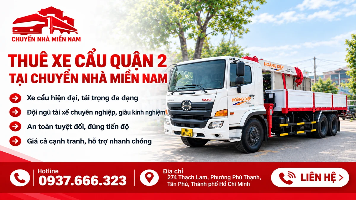 Thuê xe cẩu quận 2 4 Chuyển Nhà Miền Nam cung cấp dịch vụ thuê xe cẩu quận 2 với xe cẩu chuyên dụng và đội ngũ vận chuyển chuyên nghiệp.