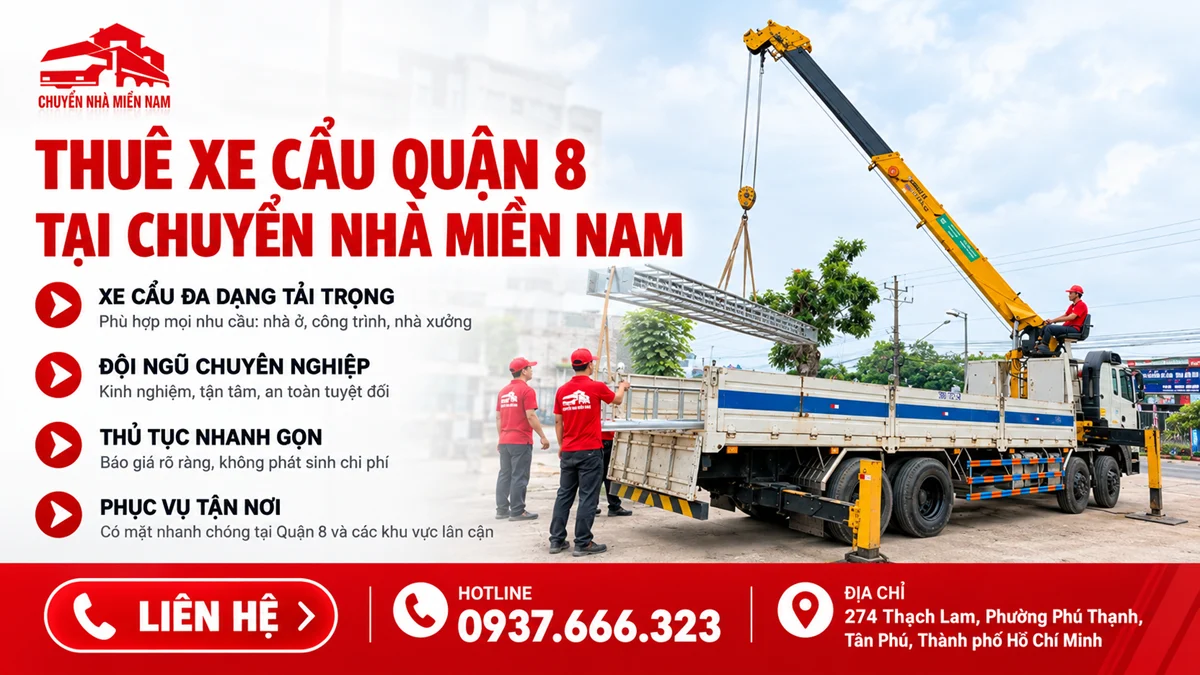 Thuê Xe Cẩu Quận 8 4 Chuyển Nhà Miền Nam cung cấp dịch vụ thuê xe cẩu Quận 8 nâng hạ hàng hóa và thiết bị tại công trình.