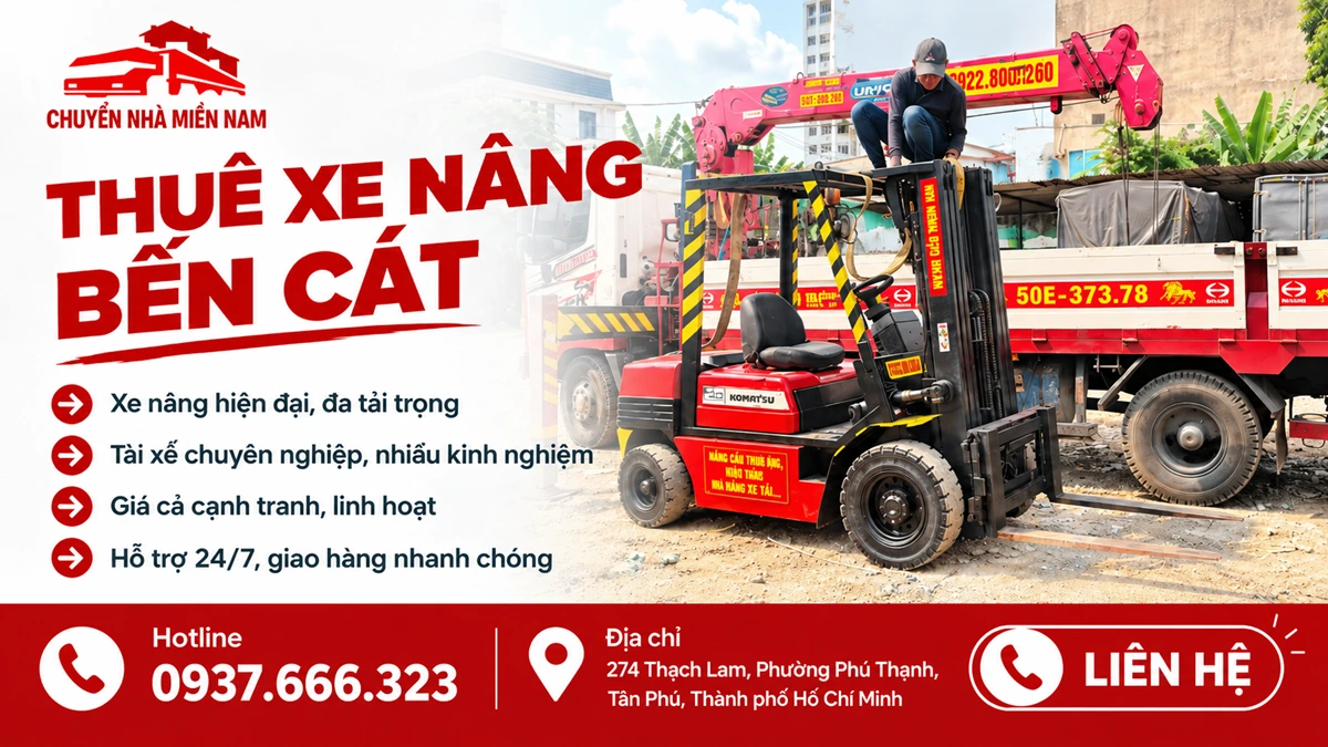 Thuê xe nâng Bến Cát với xe nâng hàng chuyên nghiệp phục vụ vận chuyển và bốc xếp
