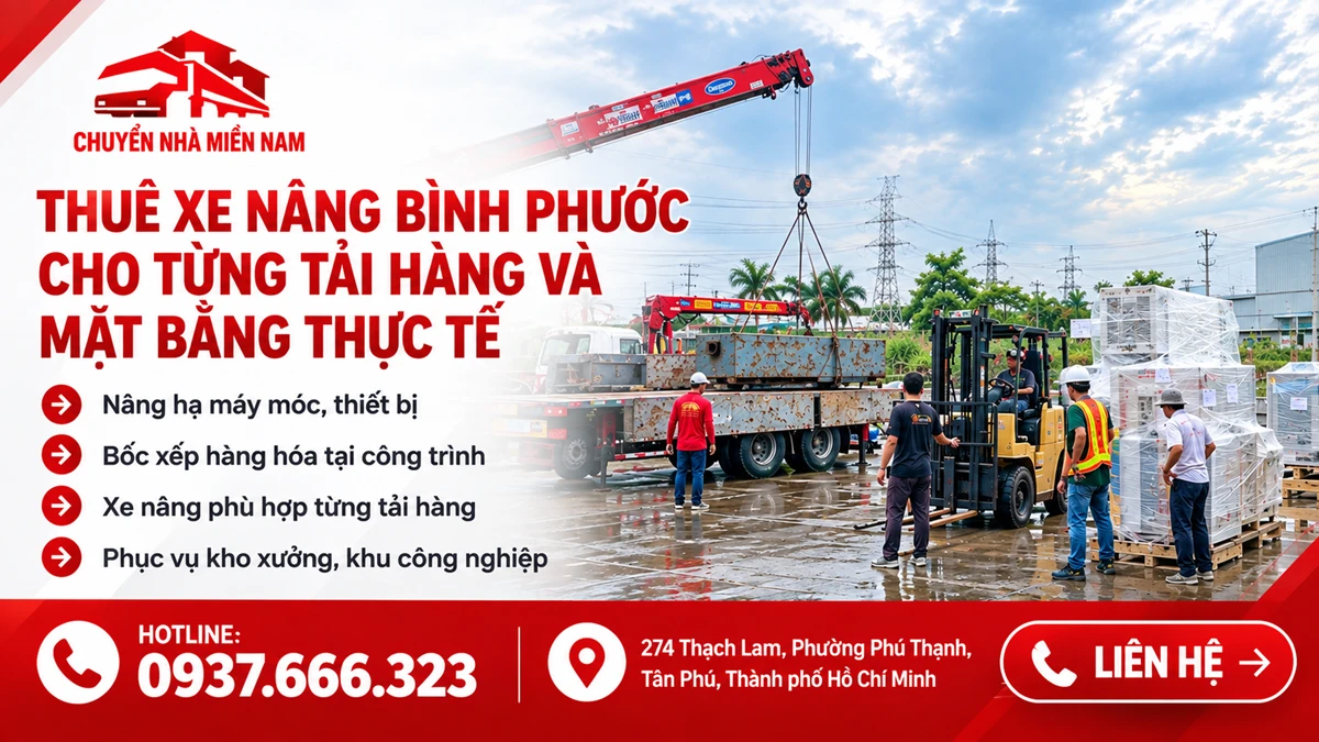 Chuyển Nhà Miền Nam cho thuê xe nâng Bình Phước, nhận nâng hạ máy móc, bốc xếp hàng hóa và di dời thiết bị tại công trình, kho xưởng.