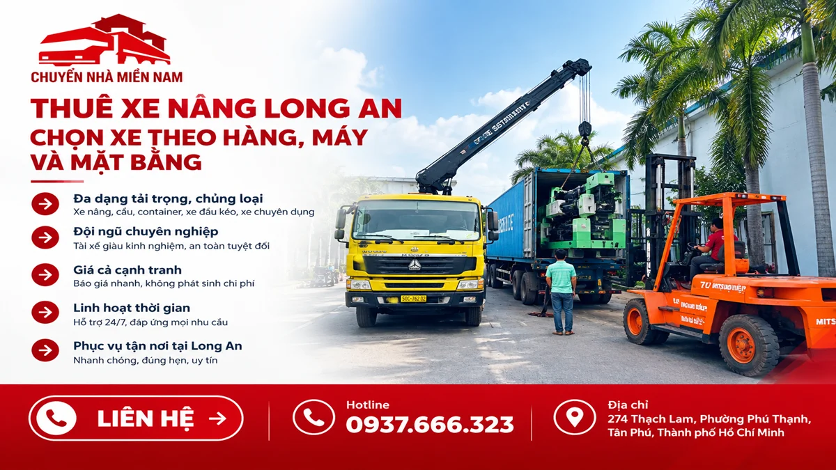 Chuyển Nhà Miền Nam cung cấp dịch vụ thuê xe nâng Long An phục vụ vận chuyển và bốc xếp hàng hóa.