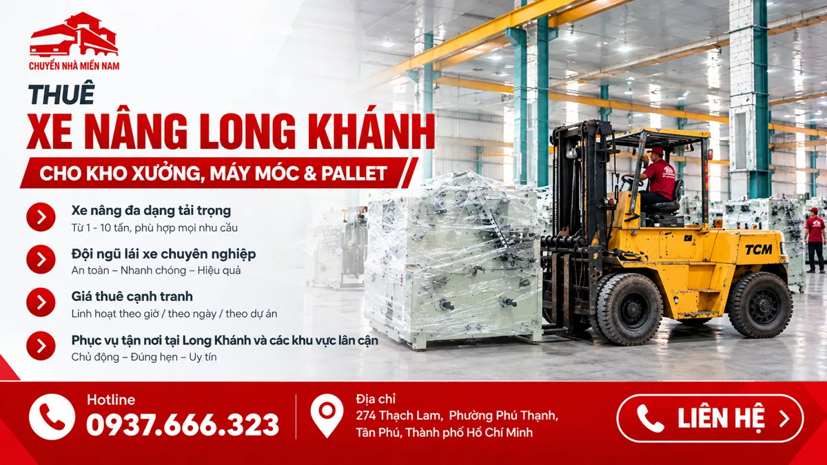 Thuê xe nâng Long Khánh 1 Chuyển Nhà Miền Nam cung cấp dịch vụ thuê xe nâng Long Khánh nâng hạ máy móc và pallet trong kho xưởng