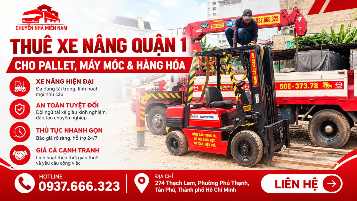 Chuyển Nhà Miền Nam cung cấp dịch vụ thuê xe nâng Quận 1 phục vụ pallet, máy móc và hàng hóa.