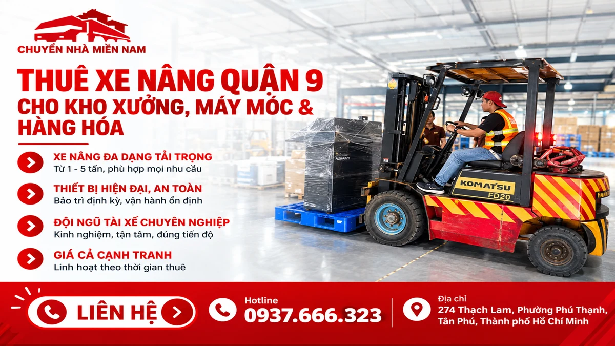 Thuê xe nâng quận 9 1 Chuyển Nhà Miền Nam cung cấp dịch vụ thuê xe nâng Quận 9 cho kho xưởng, máy móc và hàng hóa