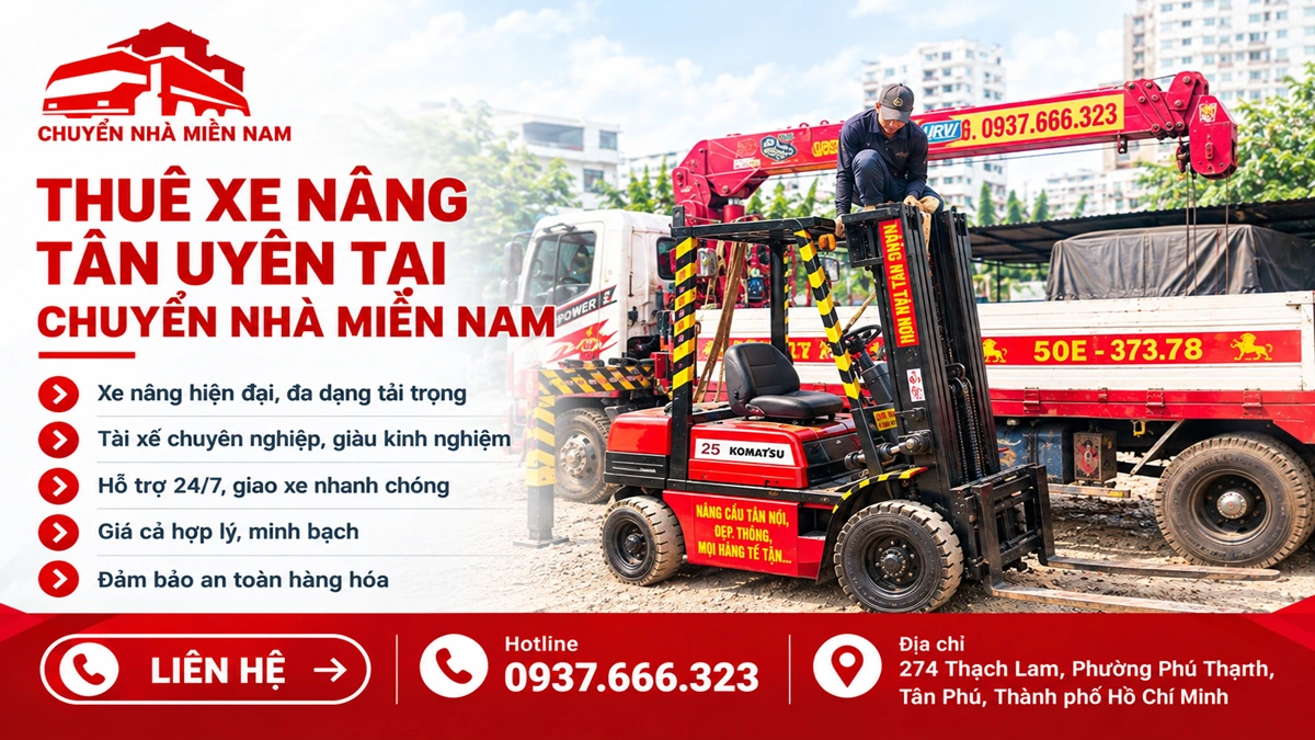 Thuê xe nâng Tân Uyên 8 Chuyển Nhà Miền Nam cung cấp dịch vụ thuê xe nâng Tân Uyên với xe nâng và xe tải chuyên dụng tại công trình.