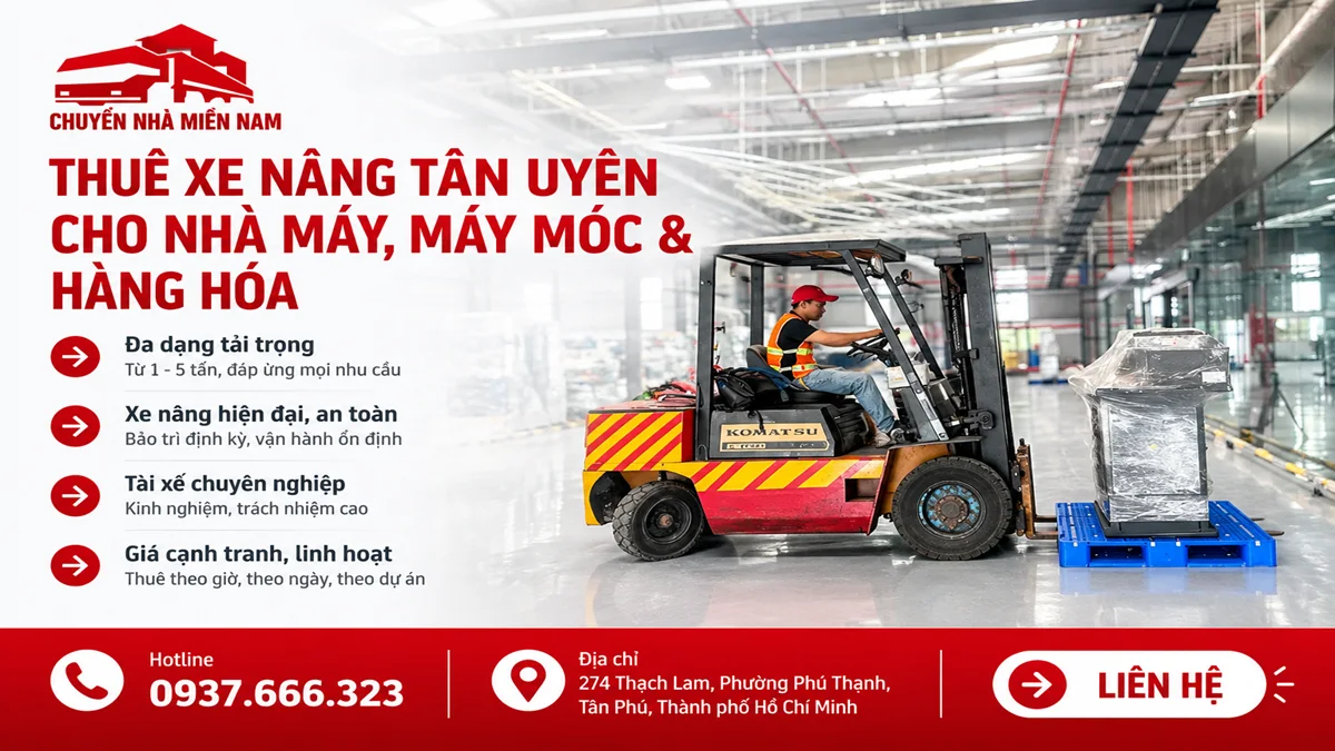 Thuê xe nâng Tân Uyên 1 Xe nâng vận chuyển hàng hóa trong nhà máy tại Tân Uyên