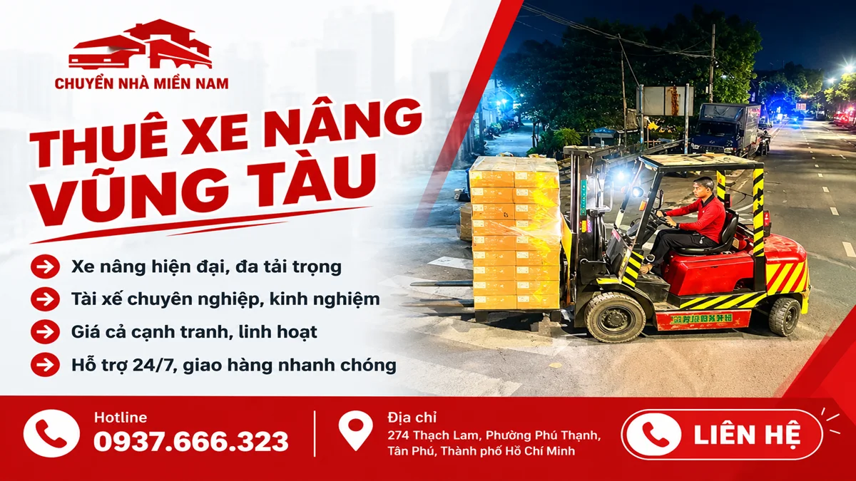 Thuê xe nâng Vũng Tàu 1 Chuyển Nhà Miền Nam cung cấp dịch vụ thuê xe nâng Vũng Tàu, nhân viên vận hành xe nâng di chuyển pallet hàng hóa.