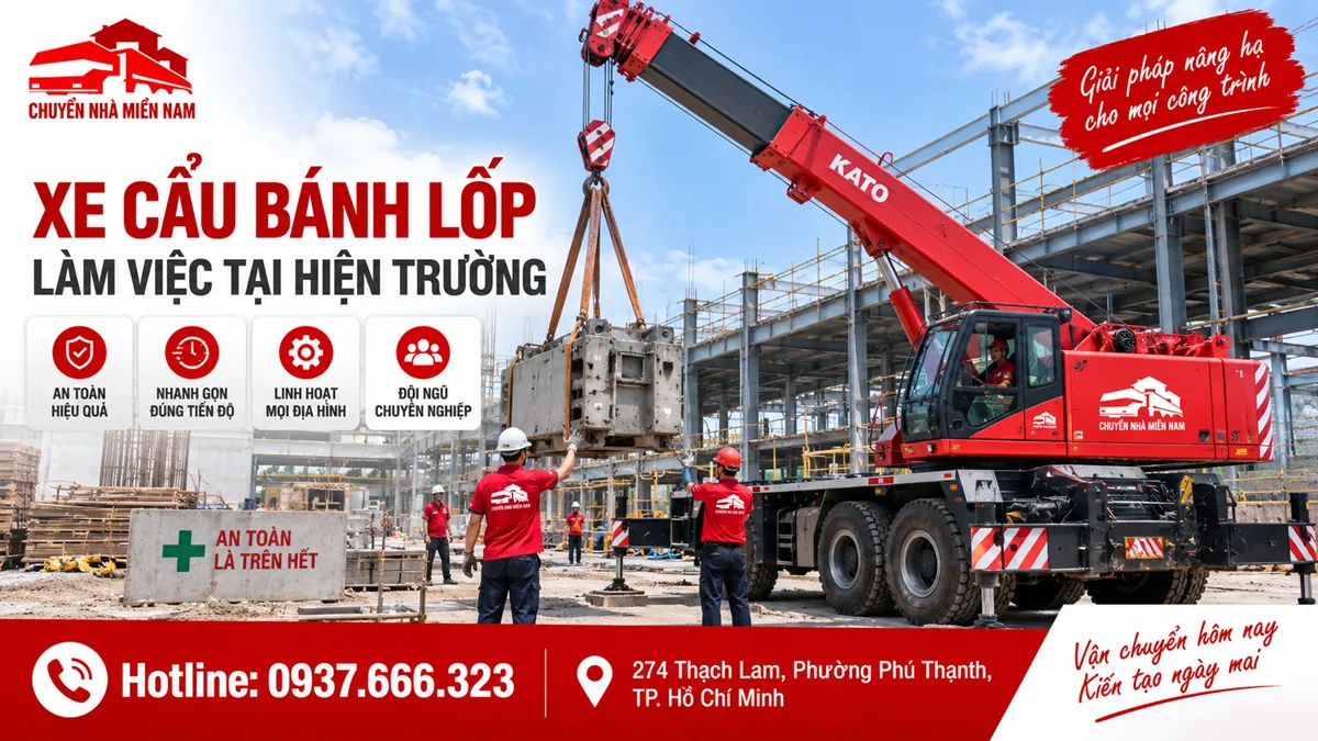 Xe cẩu bánh lốp làm việc tại hiện trường