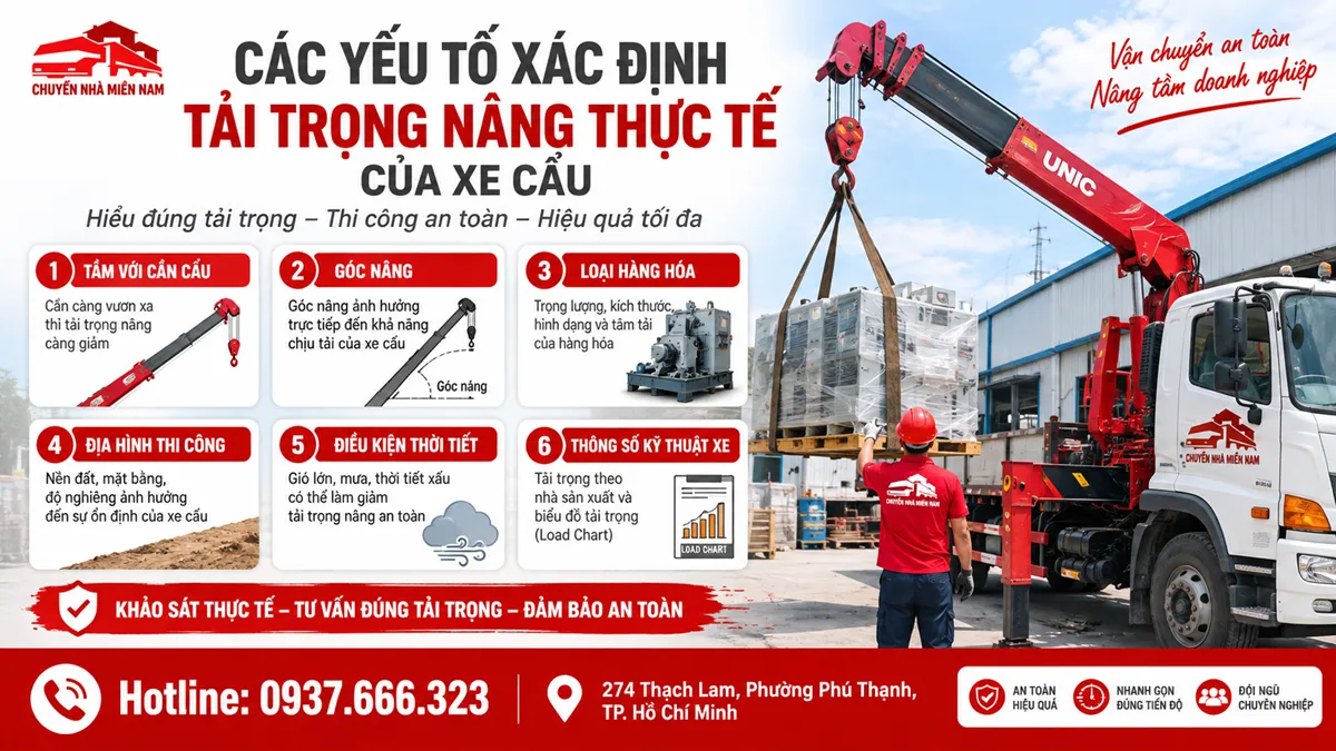 Các yếu tố xác định tải trọng nâng thực tế của xe cẩu